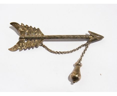 Silver arrow brooch having pierced engraved tail, chain and baluster pendant drop, inscribed "REG, D 30 March 1848" 