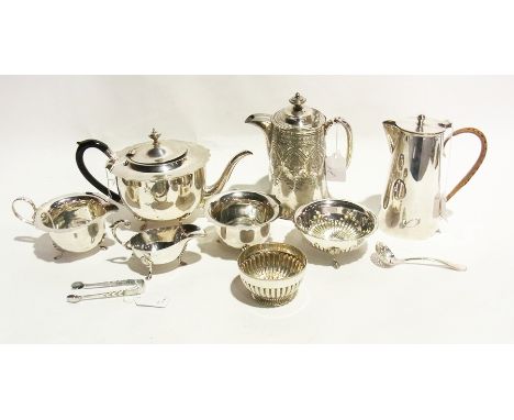 EPNS Georgian style tea service of three pieces, rounded oblong, EPNS circular tea service with everted borders, three pieces