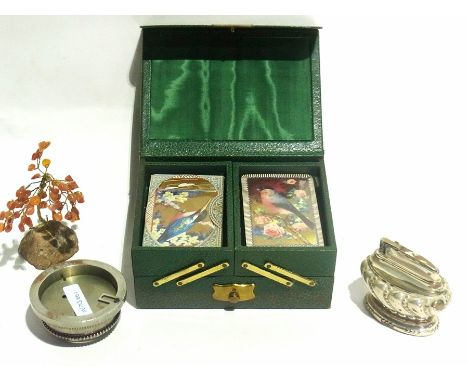 White coloured metal cigarette lighter, box of playing cards and other sundry items 