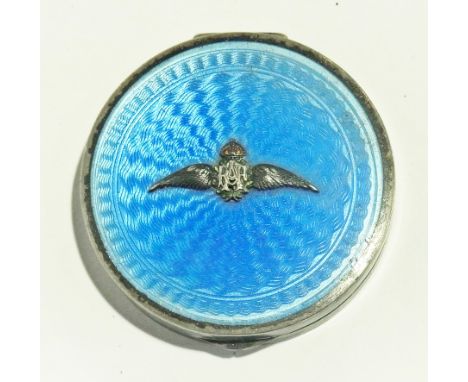 Blue engine turned enamel and silver compact surmounted by RAF wing badge, Birmingham 1928 by Gieves Limited 