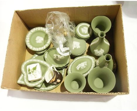 Quantity of Wedgwood green jasperware, a Goebel monk jug, a quantity of Wade whimsies