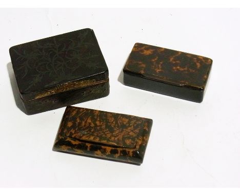 Georgian silver and tortoiseshell pique snuff box and two simulated tortoiseshell papier mache snuffboxes