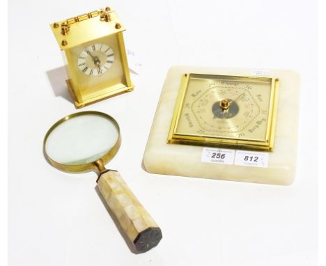 London Clock Co quartz carriage clock, another quartz carriage clock, a Rising Hand red/black forecast barometer and a mother