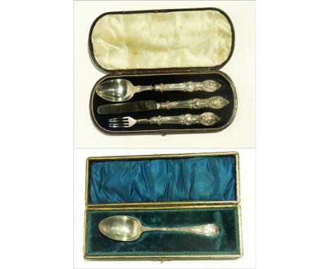 A Victorian silver knife, fork and spoon christening set, Sheffield 1858 (cased) together with a silver christening spoon, Sh