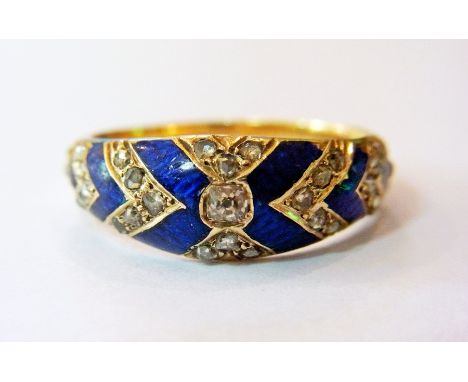 Victorian blue enamel and diamond chevron design ring, set old cut diamonds 