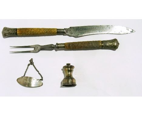 A horn handled carving set with engraved silver ferrules, small silver pepper mill and other jubilee commemorative decanter l