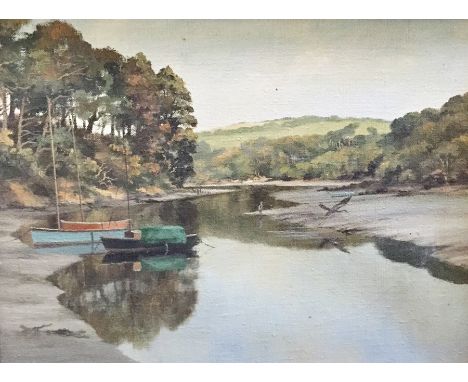 G R Herick
Oil on canvas
Estuary with moored sailing boats and river birds/herons(?), signed and dated '82, 29cm x 39cm 