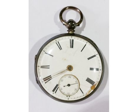 Victorian silver open faced pocket watch, key winding with white enamel dial and subsidiary seconds dial, London 1865 