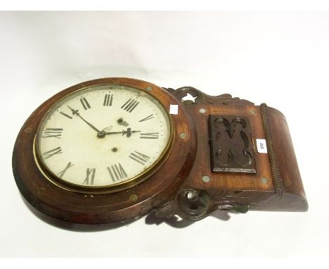 Edwardian mahogany drop dial wall clock, white metal disc and line inlaid decoration, painted dial, 8 day bell striking movem