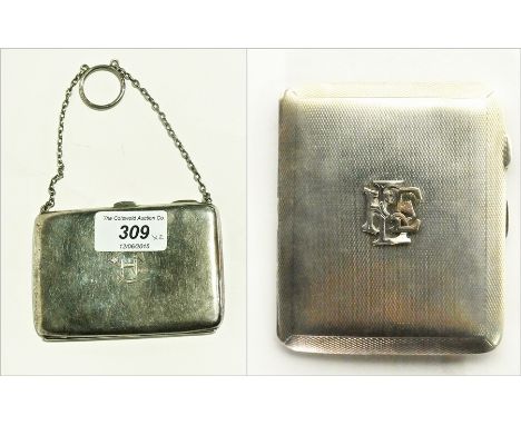 George V lady's silver card purse with suspension chain and ring, Chester 1913, 3oz approx. together with a silver cigarette 