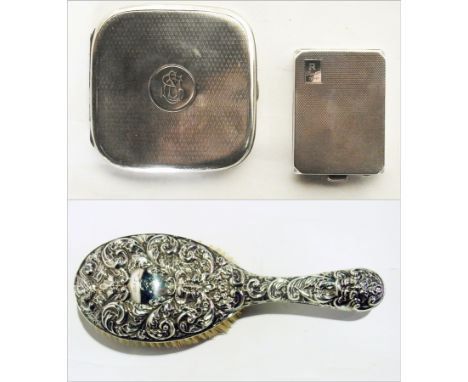 Square-shaped engine-turned silver cigarette case, London 1918, engraved initials to front and an angular engine-turned silve