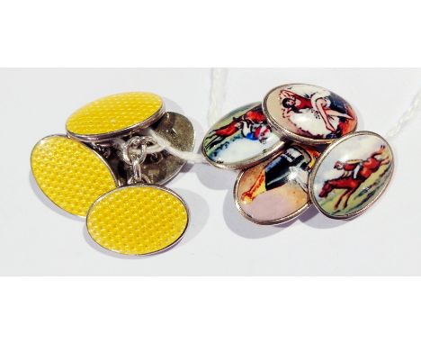 Pair silver and enamel chain-pattered cufflinks decorated with horse racing, champagne and can-can girl and another pair silv
