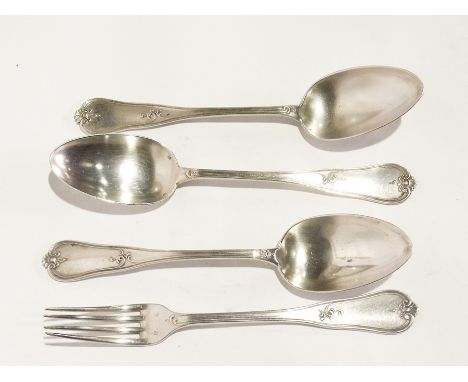 Three matching foreign silver tablespoons together with a dinner fork, 800 standard, 10oz approx. 