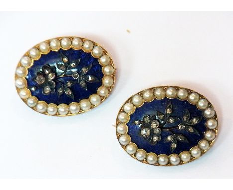 Pair Victorian gold, blue enamel, diamond and seedpearl brooches, each oval with floral design to the blue enamel ground, see