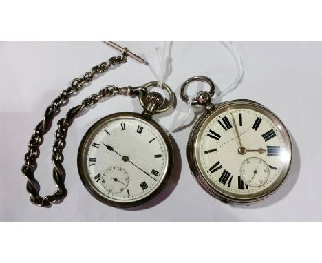 Silver open faced pocket watch with white enamel circular dial and the silver albert, with clip and a bar and an Improved Pat