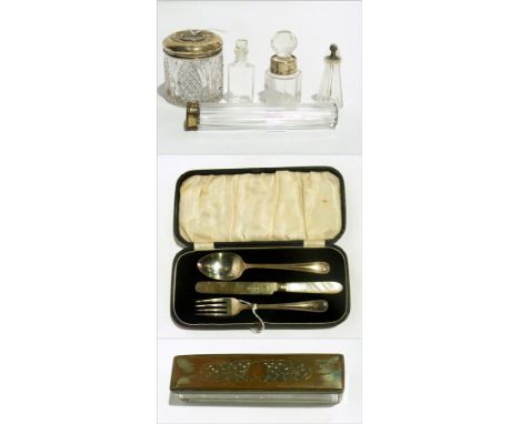 Early 20th century silver christening knife, fork and spoon set, silver-topped cut glass hair tidy and other dressing table j