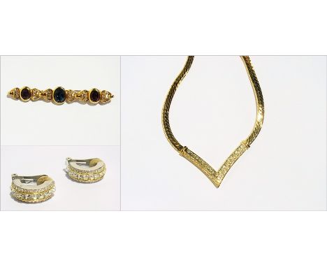 Quantity of Christian Dior costume jewellery to include pair half-hoop paste earrings with similar necklace, flat link gilt m