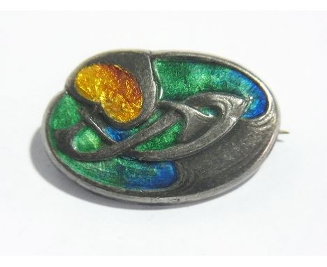 Liberty Art Nouveau silver and enamel brooch, oval, heart and scroll design with yellow, blue and green enamel 