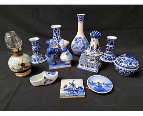 SELECTION OF DELFT AND BLUE AND WHITE CHINAcomprising a small Royal Copenhagen Langelinie plaque, clog, windmill decorated sm