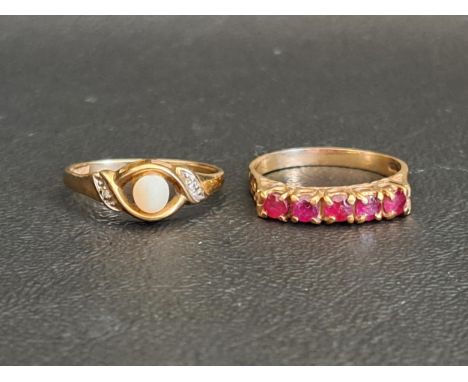 TWO NINE CARAT GOLD RINGSone a ruby five stone ring, ring size O and approximately 2.2 grams; and another set with opal, ring