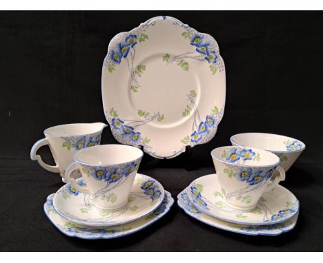 LAWLEY'S OF LONDON ART DECO TEA SETdecorated with corn flowers, comprising six cups and saucers, six side plates, sandwich pl