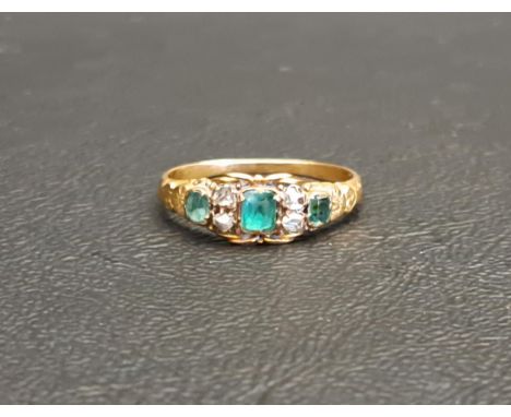VICTORIAN EMERALD AND DIAMOND RINGthe central emerald approximately 0.15cts, in unmarked high carat gold, ring size K-L and a