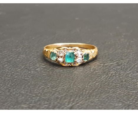 VICTORIAN EMERALD AND DIAMOND RINGthe central emerald approximately 0.15cts, in unmarked high carat gold, ring size K-L and a