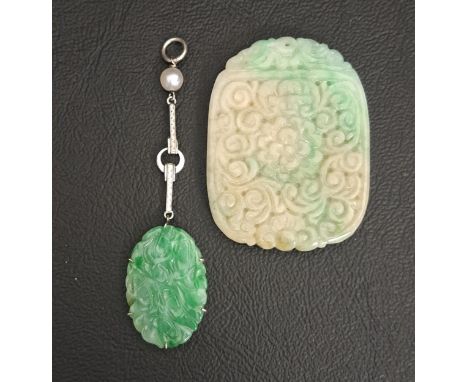 CARVED JADE PENDANTthe oval jade panel below gold bars and small seed pearl, in nine carat white gold, 6.5cm long; together w