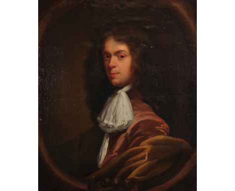 18th Century English School. Portrait of a Man, wearing a Red Coat and White Scarf, Oil on Canvas laid down, Painted Oval, 30