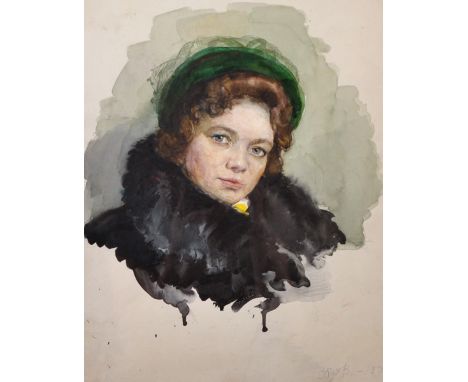 Vladislav Obukh (1928-    ) Russian. Portrait of a Lady with a Fur Wrap, and Green Hat, Watercolour, Signed and Dated 1950 in