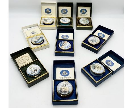 A collection of English Enamel trinket boxes on the subject of Famous Sailing Ships of the 19th Century 