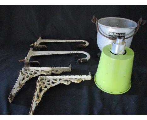 Two pairs of vintage cast iron wall brackets, A Little Mother Feeders, Stratford On Avon, aluminium pot originally used for l