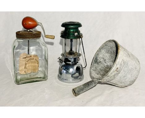  A glass Blow table top butter churn along with a vintage paraffin lamp and a galvanised bucket 