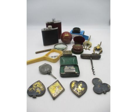 A miscellaneous box of vintage items including hip flasks, HMV and Harper series record cleaners, a compass, a cricket ball, 