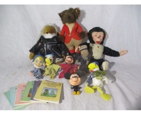 A collection of soft toys including a vintage Womble in Harley Davidson jacket, fox huntsman, Norah Wellings sailor, Disney h