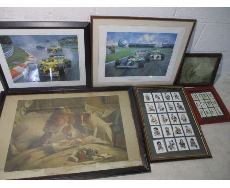 An assortment of framed prints including two Michael Turner "Mansell Magic" and "Jordan clean sweep", a set of Grenadier ciga
