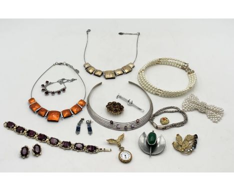 A quantity of costume jewellery including 925 silver and a yellow metal fob watch by Depraz marked Nadine on inside of back c