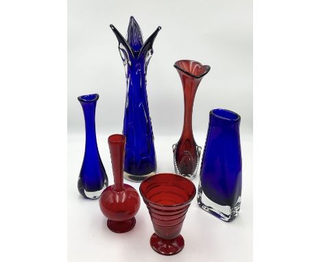 A collection of various art glass including Whitefriars style blue vase