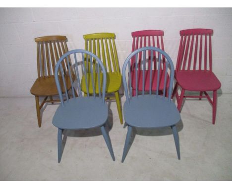 Two Ercol dining chairs (both painted blue), along with four Ercol style stick-back chairs (three painted)