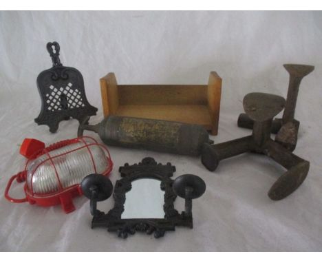 A miscellaneous assortment of items including two cobblers last, an electric lamp, a vintage Pyrene fire extinguisher etc