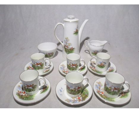 An Elizabethan fine bone china coffee set depicting hunting scenes, included coffee pot, creamer, sugar bowl and six cups &am