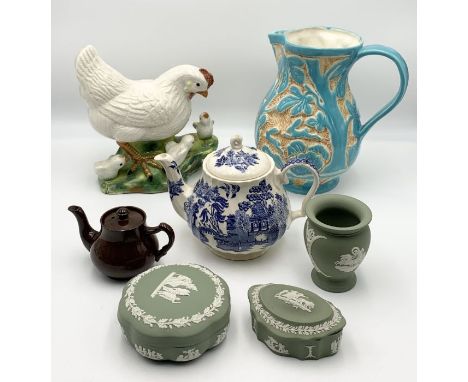 A collection of china including a Beswick jug showing rabbits, Sadler teapot, pottery chicken, Wedgewood Jasperware etc