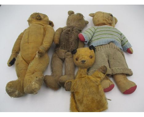Three vintage teddy bears ( all A/F) along with a Chad Valley Sooty hand puppet