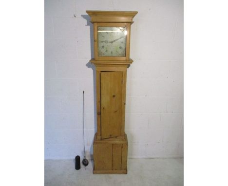 A pine longcase clock with painted dial