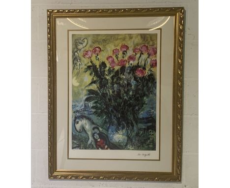 A limited edition Lithograph by Marc Chagall 254/400 label to back "Le Rose" 105cm x 80cm 