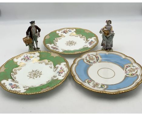 Two Sitzendorf porcelain figures along with three antique china plates including Coalport 