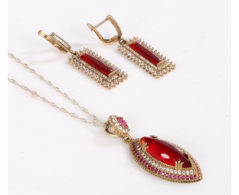 Pair of Yellow metal and faux ruby earrings together with a similar pendant (3)