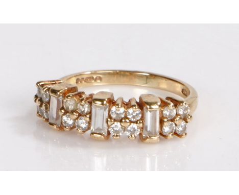 9 Carat gold and paste ring set with baguette and round gut paste stones, ring size K weight 2.5 grams&nbsp;&nbsp;