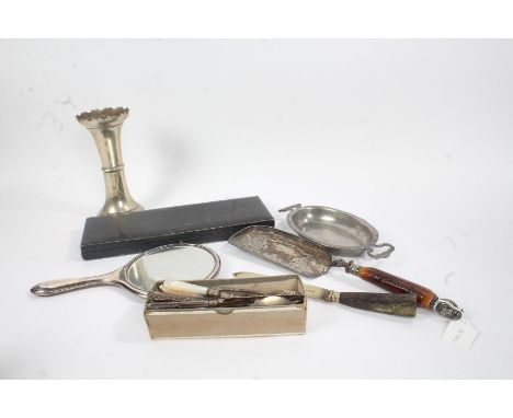 Silver and silver plated ware, to include silver handled hand mirror, preserve spoon, silver handled tea knife, spill vase, c