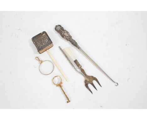 Silver and plated ware to include silver handled button hook, Royal Bijou birthday book with silver cover, silver gilt magnif